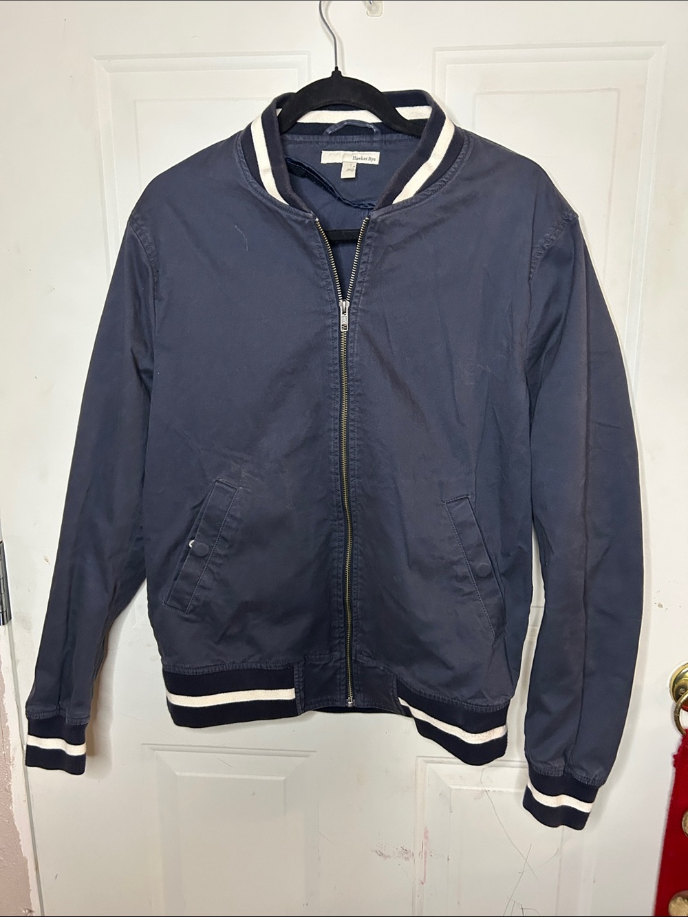 Classic Navy Bomber Jacket with White Stripe Trim